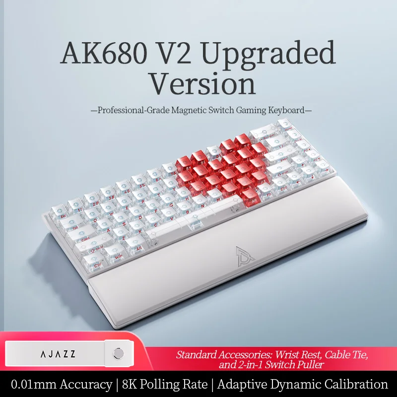 AJAZZ AK680 V2 Bedraad magnetisch toetsenbord voor gaming & kantoor, uitgerust met bijpassende polsteun, 8K Ultra Low Polling Rate, lage latency, full-key hot-swappable, 3 soorten schakelaars &