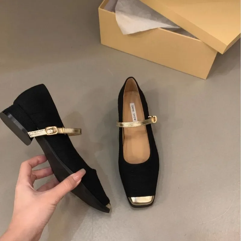 Frauen Pumps Schuhe dicke Absätze Französisch Stil Mary Jane Single Schuhe Frauen Frühling und Herbst goldene Zehen Slipper Kleid Schuh Femme