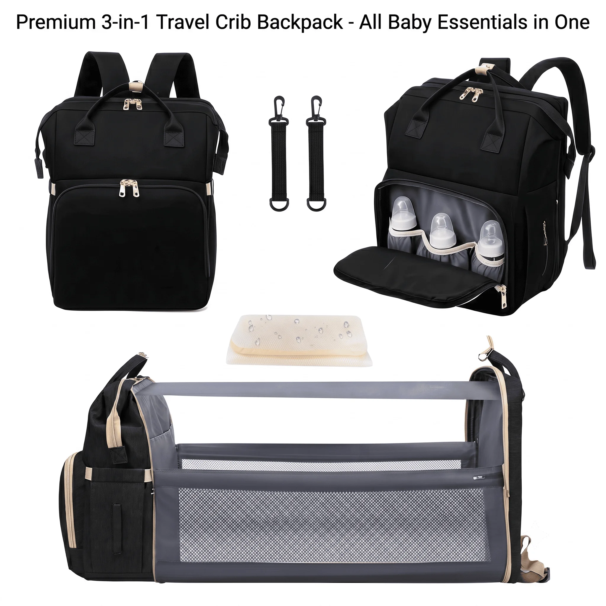 Multi-Functional Design 3-in-1 Diaper Bag Backpack with a Foldable Travel Crib and Changing Station.