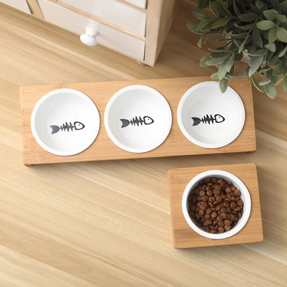 

Elevated Cat Dog Bowls Bamboo St Ceramic Pet Food Water Dishes Wear Resistant Easy Clean Kitten Puppy Container Beautiful Design