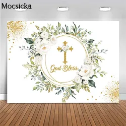 Mocsicka – arrière-plan de baptême, fleurs blanches, arrière-plan de photographie ma première Communion, croix d'or, dieu béni, décor de photographie