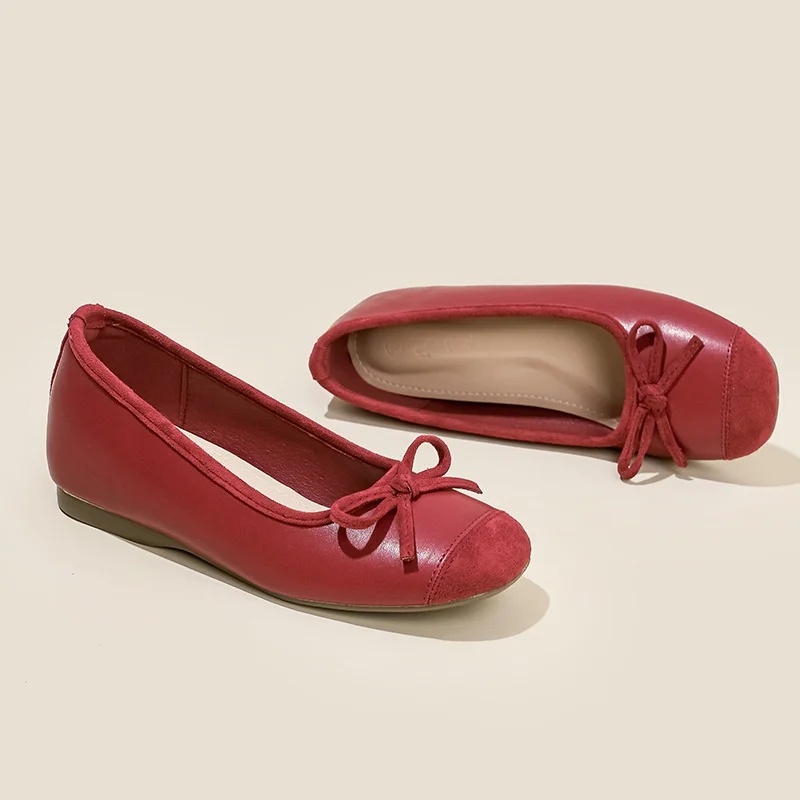 

Women Red Ballet Flats Shoes Square Toe Leather Bow Soft Sole Casual Slip On Flat Shoes For Daily Wear