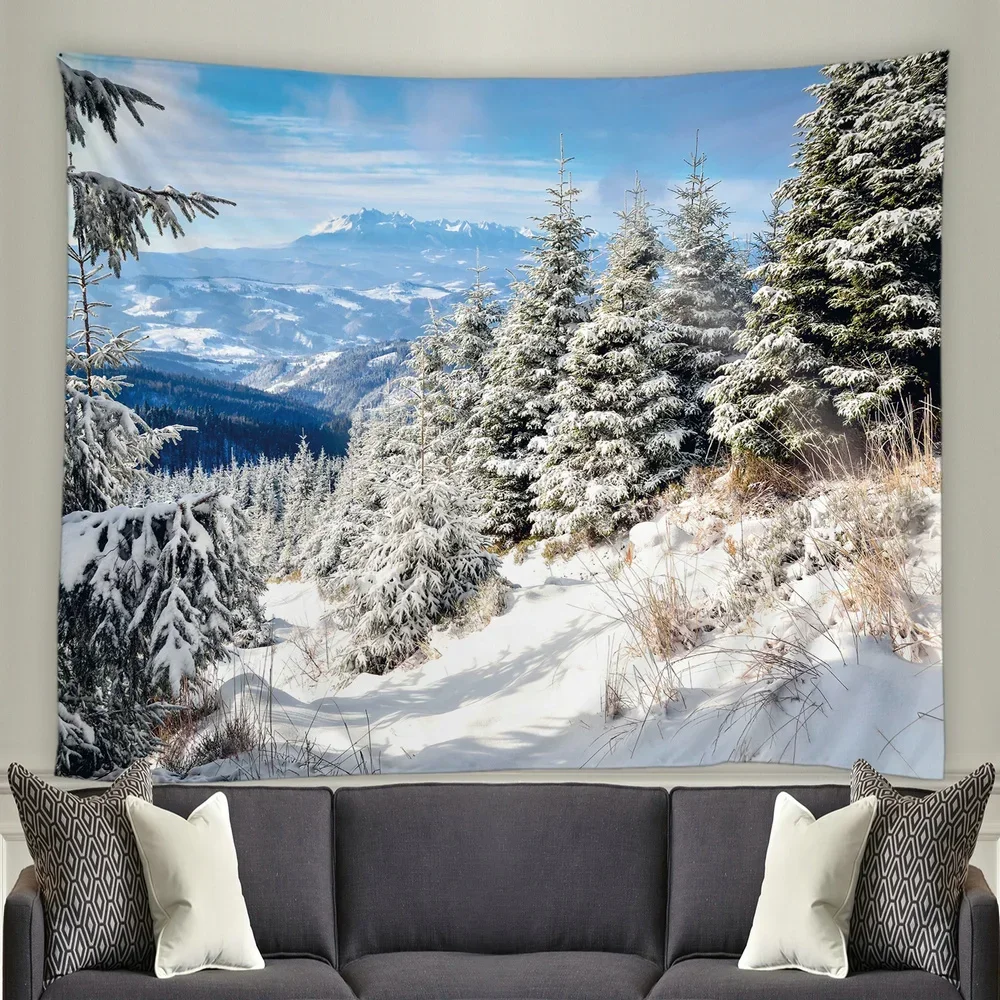 Charming white snow landscape decorative tapestry snow tree forest winter landscape wall hanging Bedroom Living Room home decor