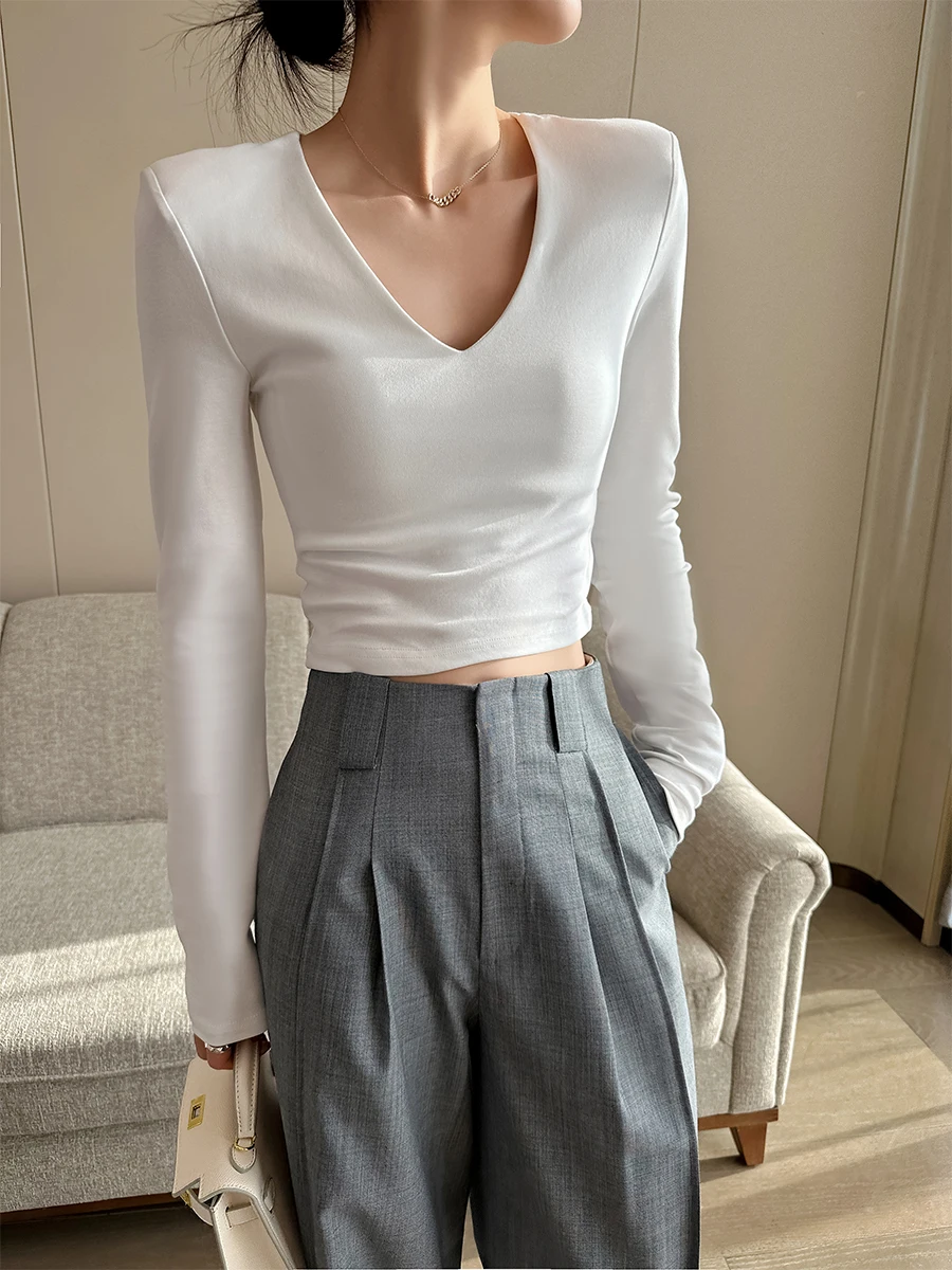 

oulder Pad Long Sve V-Ne T-irt Women's Slim Fit Faion Base Layer ort Top Cotton Polyester Autumn New Arrival