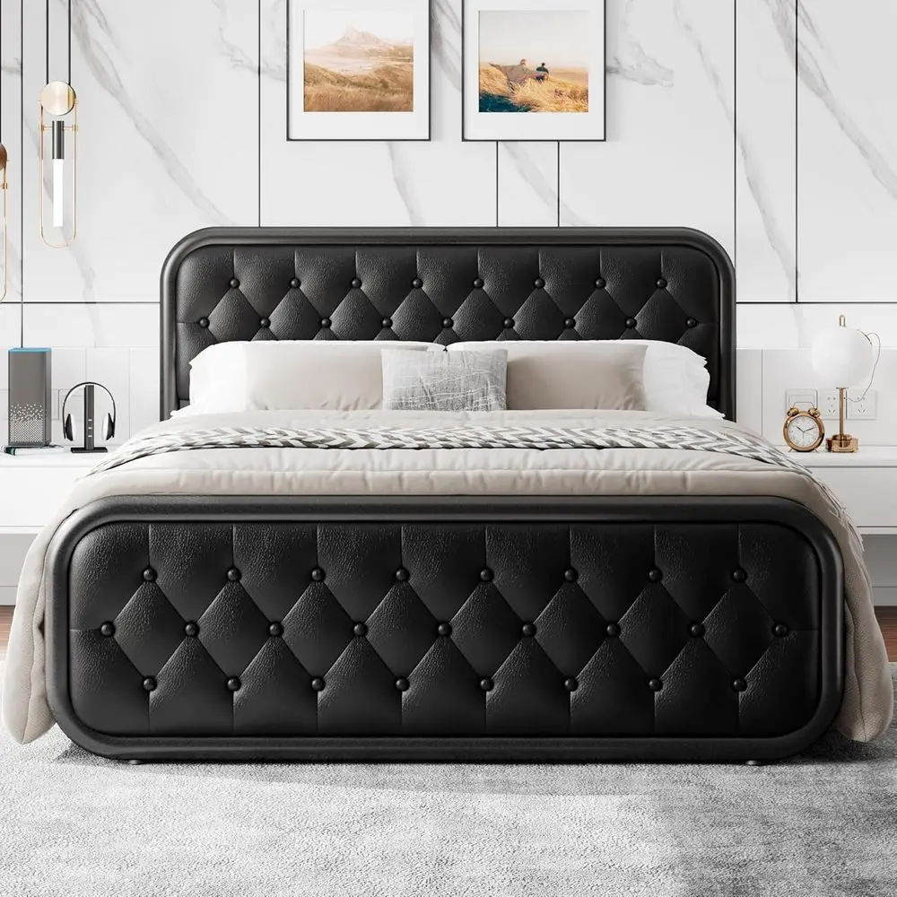 

Металлическая кровать размера Queen с обивкой из кожи с пуговицами и кожаными вставками, U-образная опорная конструкция, не требует пружинного блока.