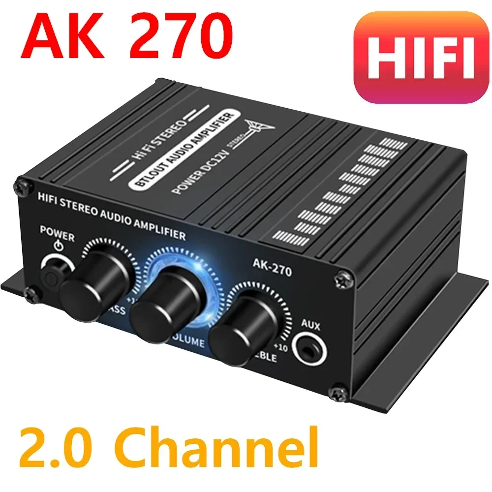 AK-270 HIFI Amplifier 2.0 Channel Amp Home Cinema Sound System Bass and Treble Adjustment Stereo Audio 20W+20W DC 12V3A Black