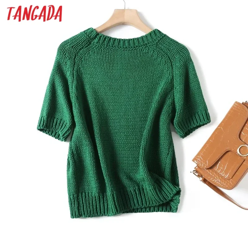 Tangada Women 2024 Green Knitted Sweater Jumper Short Sleeve Female Pullovers 4C105