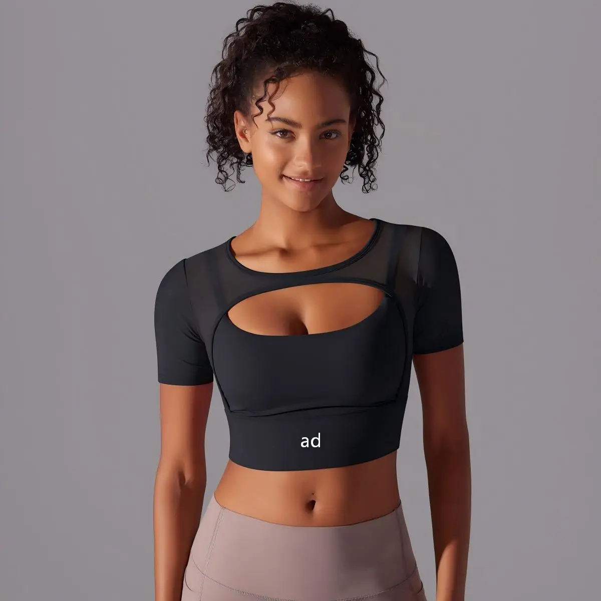 Classic solid color splicing mesh double-layer short sleeved camisole bra, running fitness double-layer yoga suit top for women