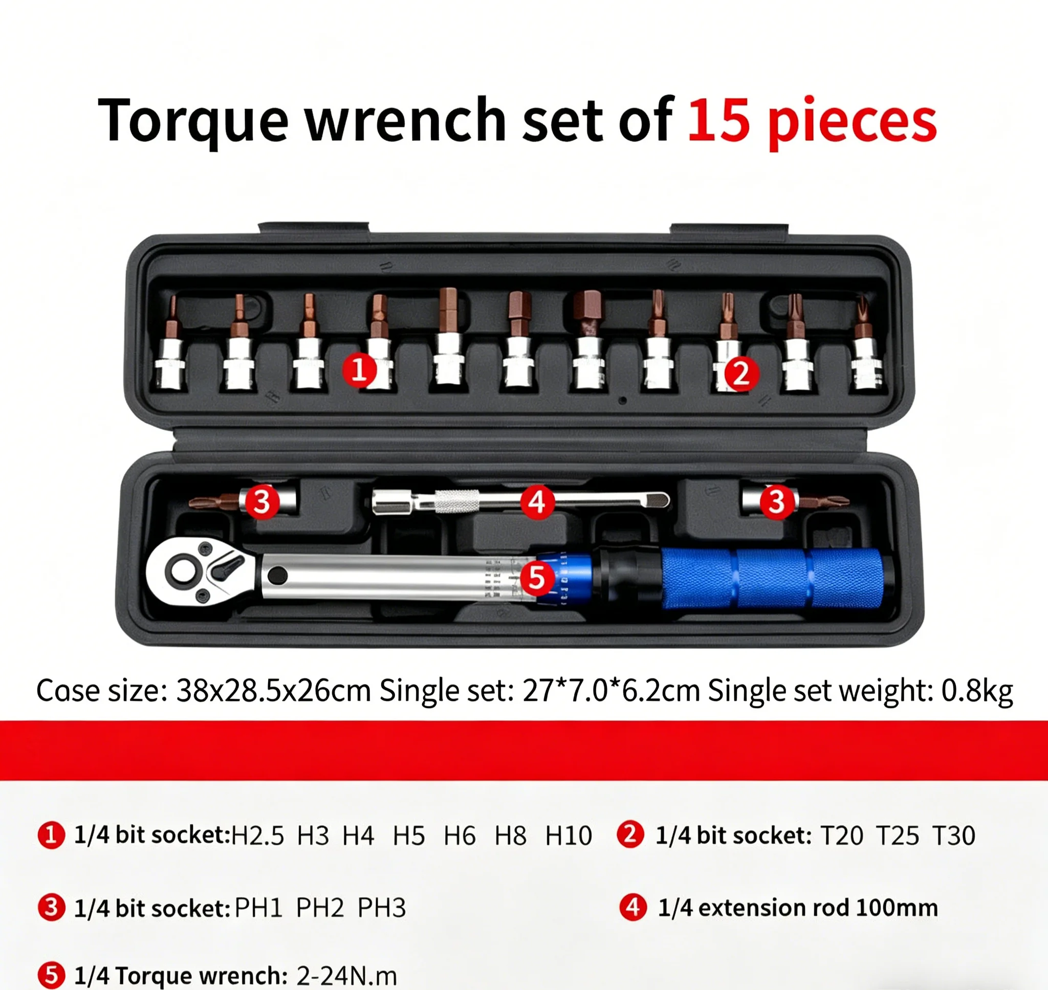 1/4 Inch Adjustable Torque Wrench Set, High Precision Carbon Steel Metric Compact Wrench Max 24NM For Industrial Repair