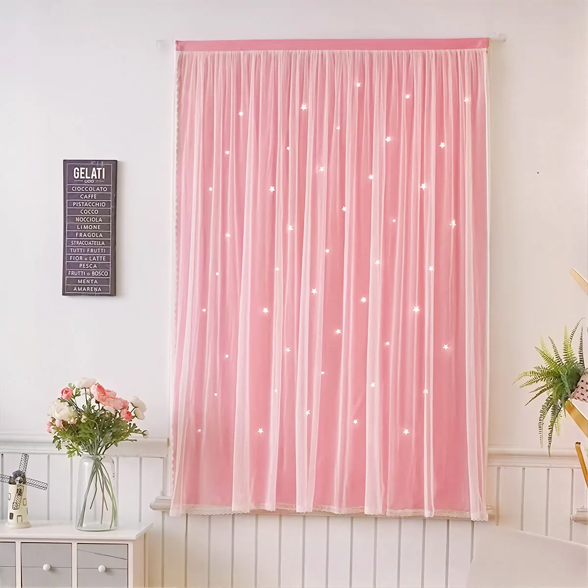 Pink Double Layer Magic Tape Curtain 1 Panel Hollow Star Cutout Tulle Sheer Curtain Princess Curtain For Girls Bedroom