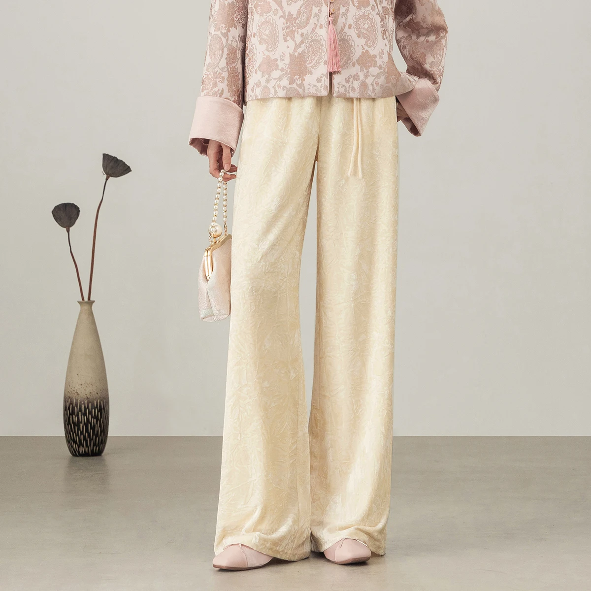 SENTUBILA Women's Long Straight Pants 2025 Chinese Style Etachable Pendant Velvet Wide Leg Trouser Winter Lady Bottoms 154KA4091