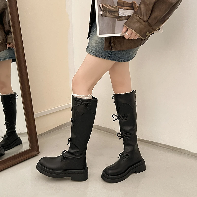 Winter Thick Sole Woman Short Plush High Boot Fashion Butterfly-knot Back Zippers Shoes Women's Slim Knight Long Booties