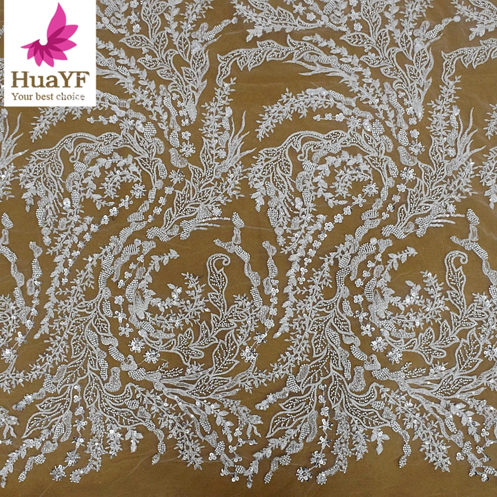 High Quality French Sliver White Beaded Sequin Bridal Wedding Lace Dress Fabric 5 Yards HY2844