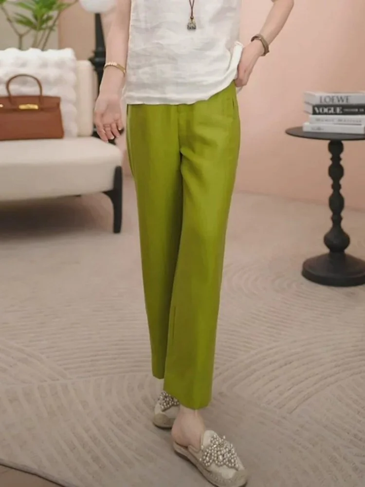High Waist Slimming Casual Pants Green Lyocell Linen Balloon Pants Women Thin Model 2026 Summer Trendy Commute Style Straight...