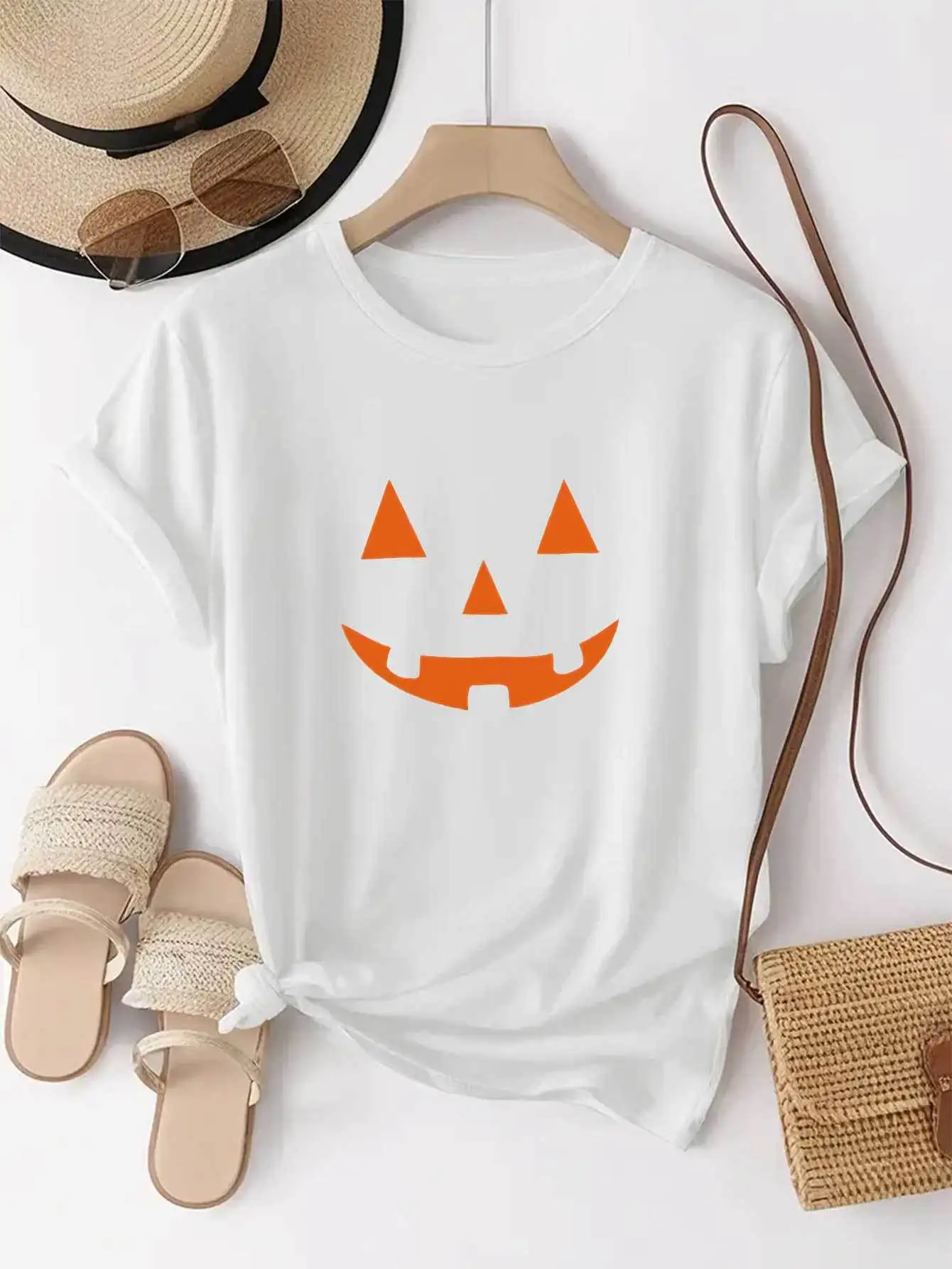 

Женская белая футболка с оранжевым принтом тыквы и рукавами, эластичный топ для осенней и Хэллоуина, повседневная одежда, топ с игривым принтом