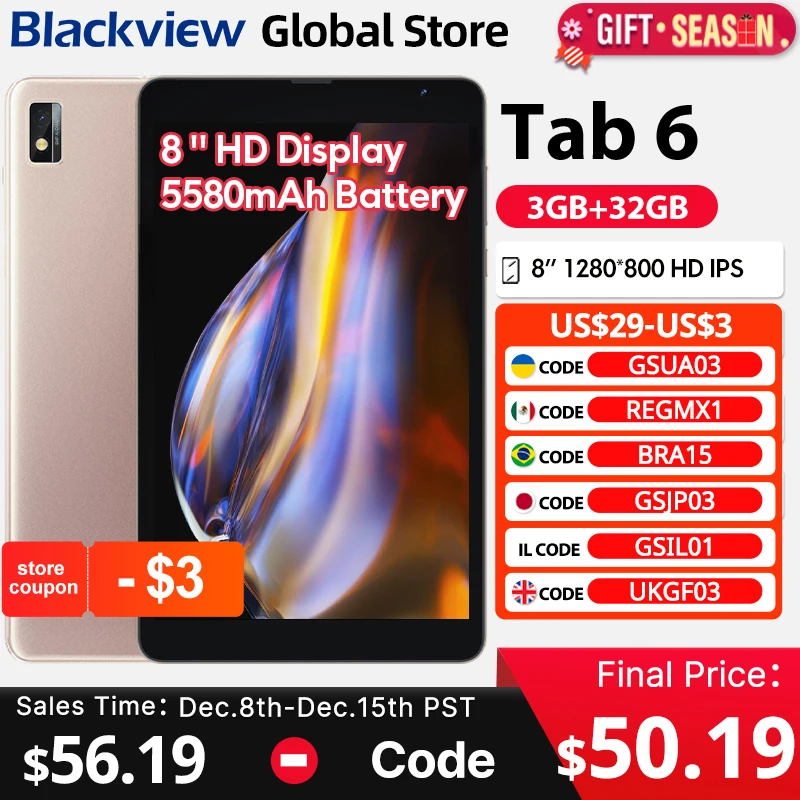 Blackview Tab 6  Tablet  8\'\' HD Display Unisoc T310  3GB 32GB 3G 3.5mm jack 5580mAh Battery WiFi 5MP Camera Android 11 Pad PC