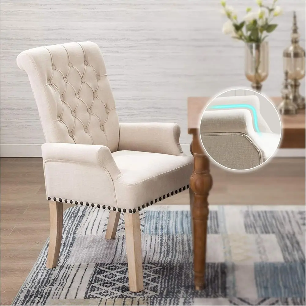 

Upholstered Linen Dining Chairs with Wooden Arms for Kitchen and Living Room, Beige