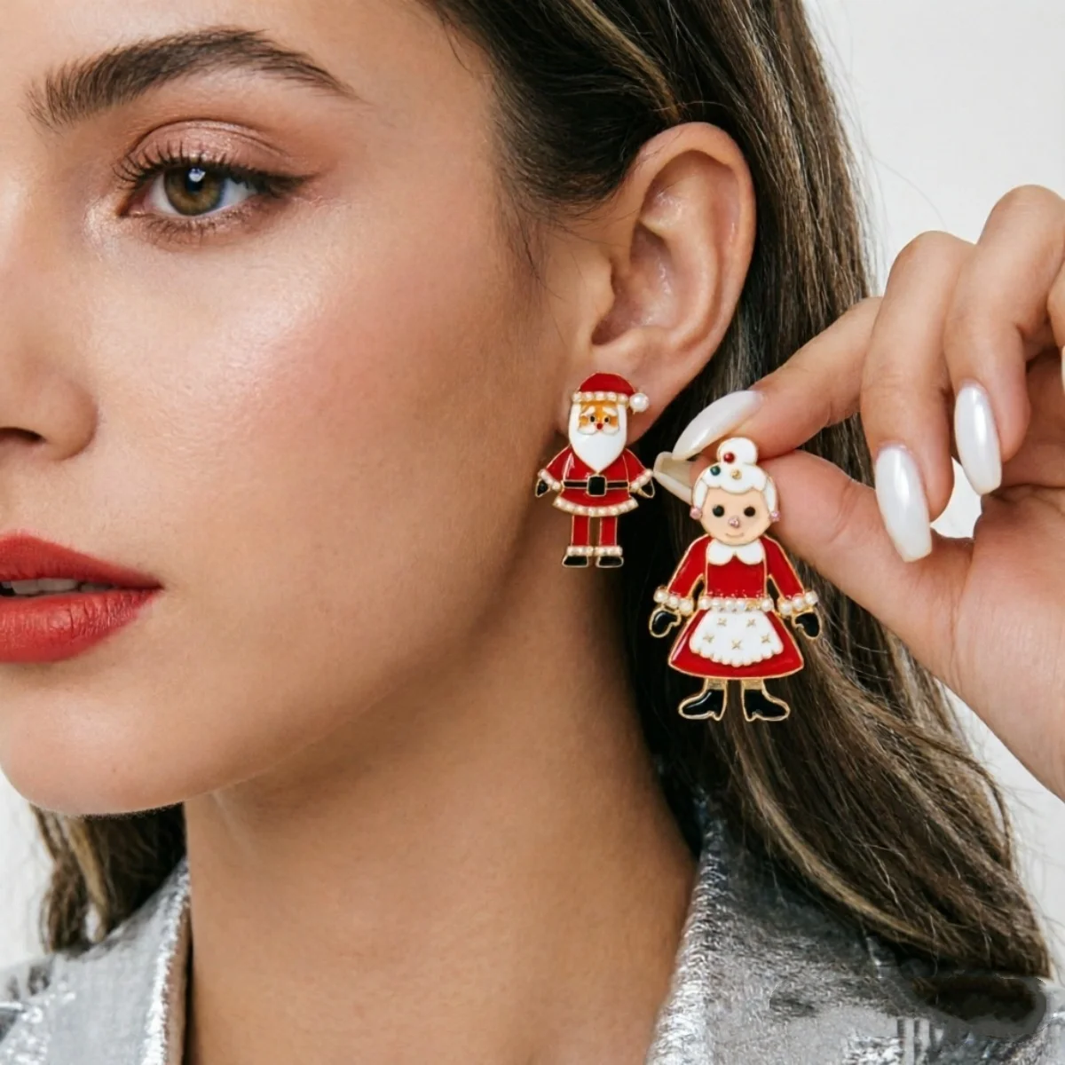 Kreative asymmetrische Ohrstecker mit Weihnachtsmann und Weihnachtsfrau mit langen Beinen für Damen, Imitationsperlen, Weihnachtsfiguren-Ohrringe, Schmuck – Detail 17