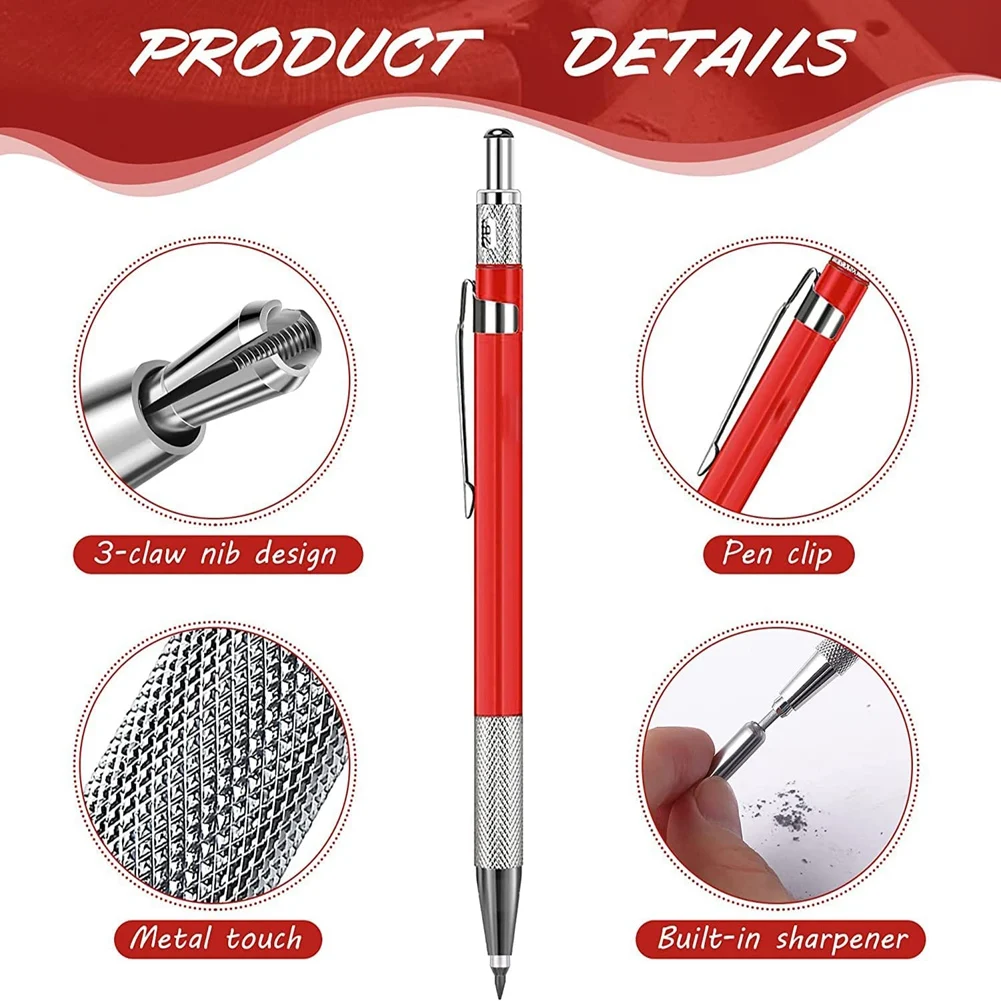 Streak Welders Pencil, Mechanical Metal Marker Silver Pen with Built-in Sharpener for Welding, Fabrication, Woodworking