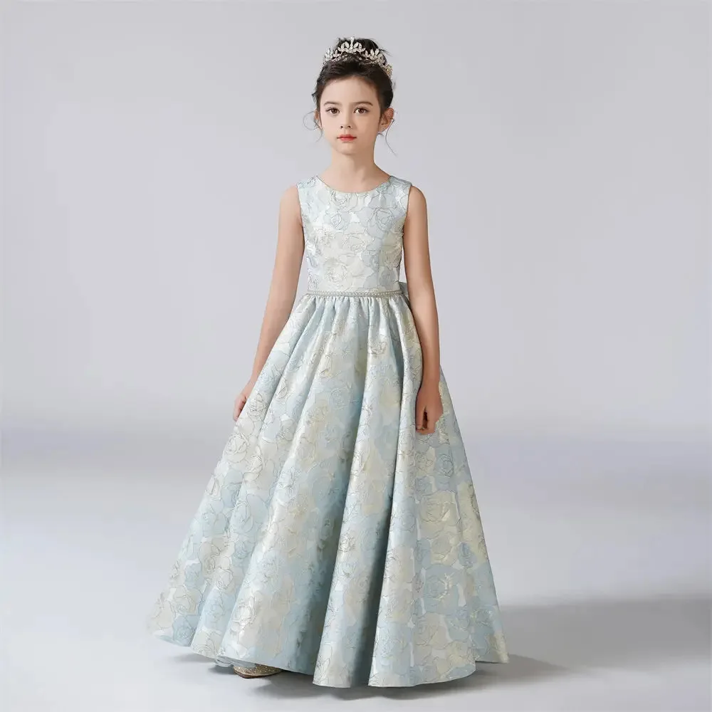 KYDYNQJ O-Neck Dress For Girl A-Line Rose Pattern Flower Girl Dresses Sleeveless Kids Birthday Formal Princess Gowns