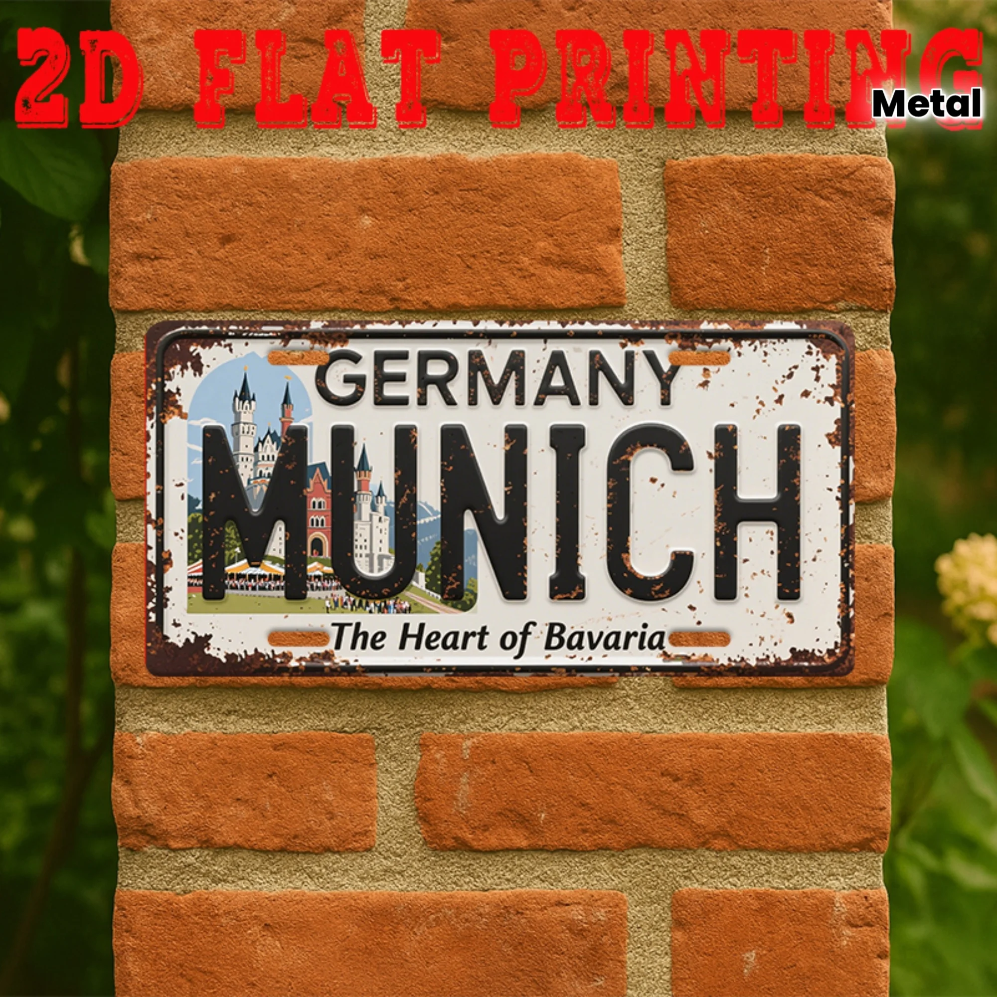2D Flat - [2D Flat] 2D Printed on a Flat Surface, Single Piece, Vintage Metal Tin Sign (11.8 * 5.9 Inches), Munich Bavaria Heart