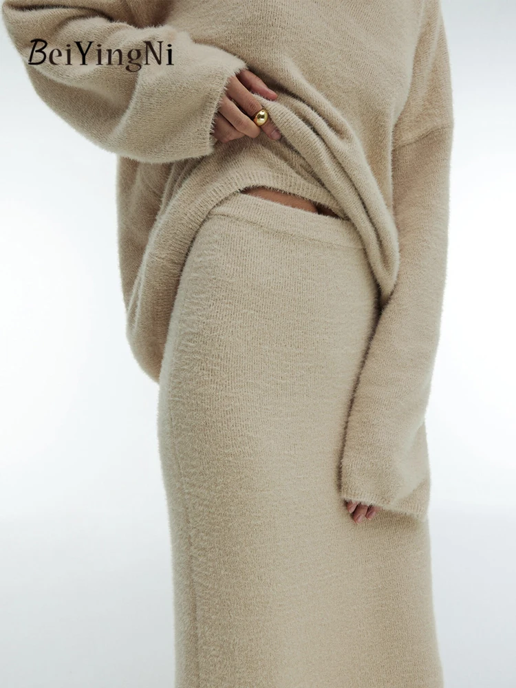Beiyingni 2025 Otoño Invierno conjuntos de faldas para mujer Simple elegante suéter de calle conjunto de dos piezas chándales de Color sólido para mujer