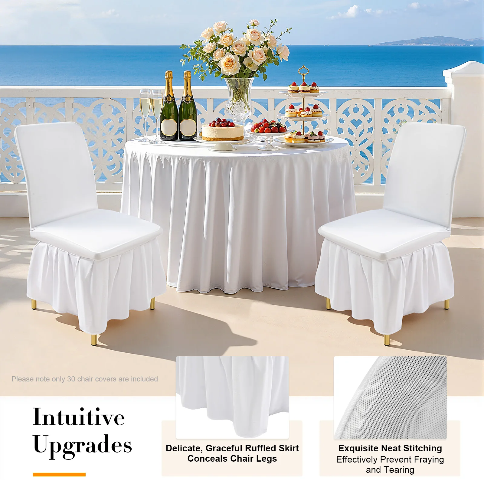 30 Pieces Stretch Chair Slipcovers With Ruffled Skirt, White Spandex Chair Covers, Washable Elastic Chair Protector For Wedding, Banquet, Hotel, Party