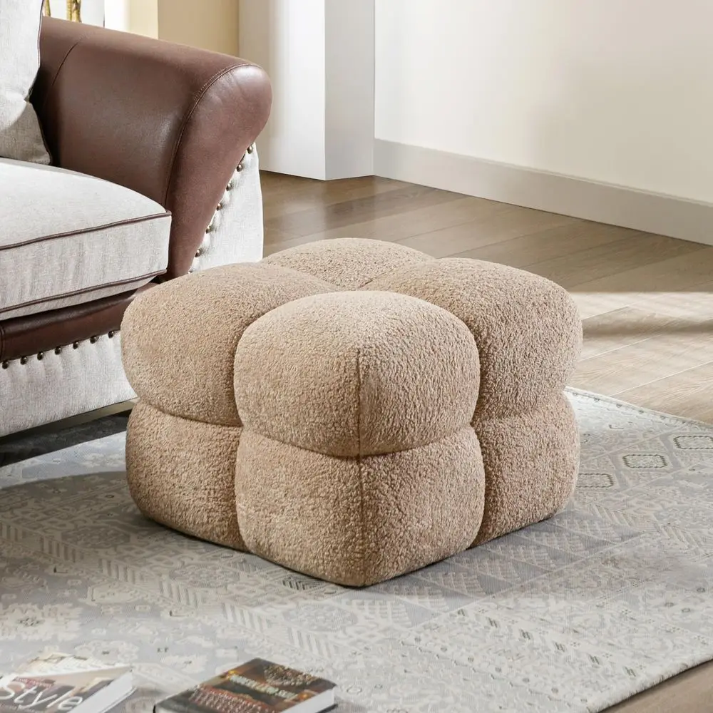 

21 Light Brown Funky Ottoman, Square Fuzzy Couch Sherpa Pouf Ottoman, Tufted Fluffy Boucle Fabric Foot Stools, Upholsered Footr