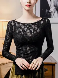 Fashion See Through Lace Top Lady Long Sleeve Slash Collar Skinny T-shirt Tee for Women Semi-transparent Split Top Streetwear