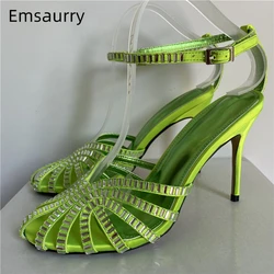 Crystal Embellished Narrow Band Sandals Women 10cm Thin High Heels Ankle Strap Fretwork Rhinestone Party Shoes Summer