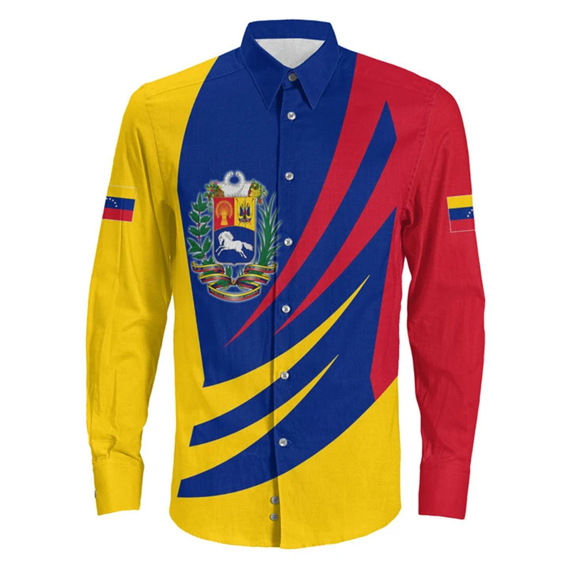 Venezuela Flag 3D Printed Shirts For Men Clothing Casual Venezuela National Emblem Graphic Long Sleeve Sports Blouse Lapel 2024