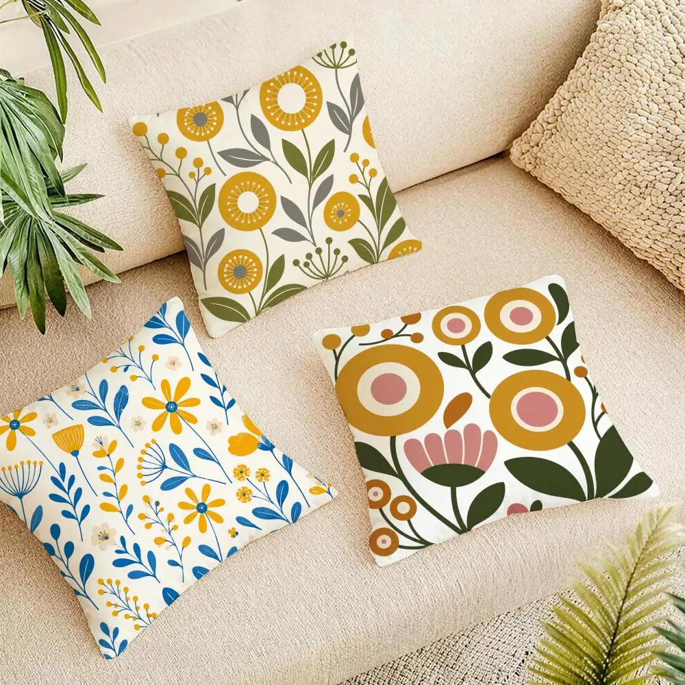 Mid-Century Folk Floral Cushion Cover Natural Linen Organic Fabric Double-Sided Printing Breathable For Home Decor