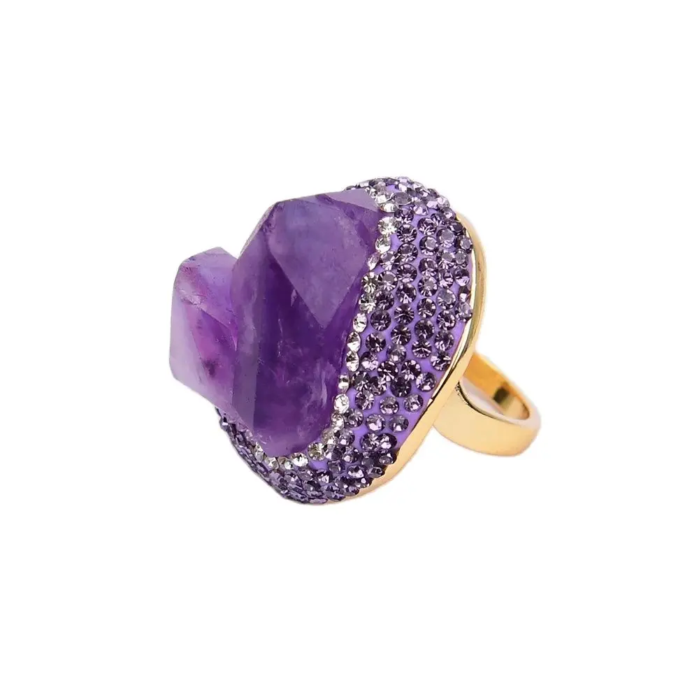 G-G Natural Amethsyt Druzy Rough Cluster Freedom Shape Trimmed With CZ Crystal Ring Adjustable Amethyst Rings