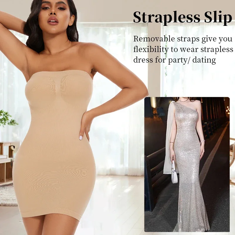 Sexy Full Slip Shapewear Women Dress Off Shoulder Bodycon Strapless Underdress Smooth Compression Body Shaper Slimming Waist