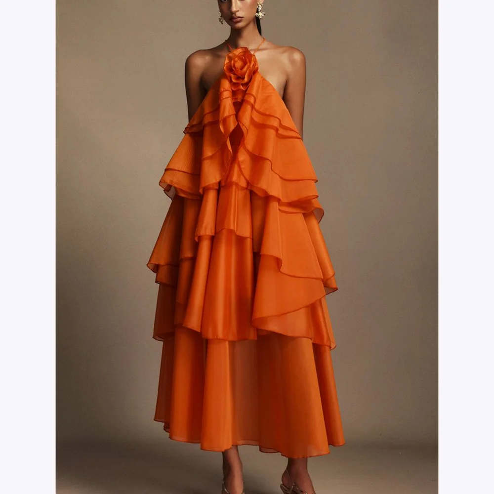 

Orange Chiffon Evening Dresses Backless Sleeveless Tiered Draped Ankle Length A Line Prom Dress Formal Party Gown Modern