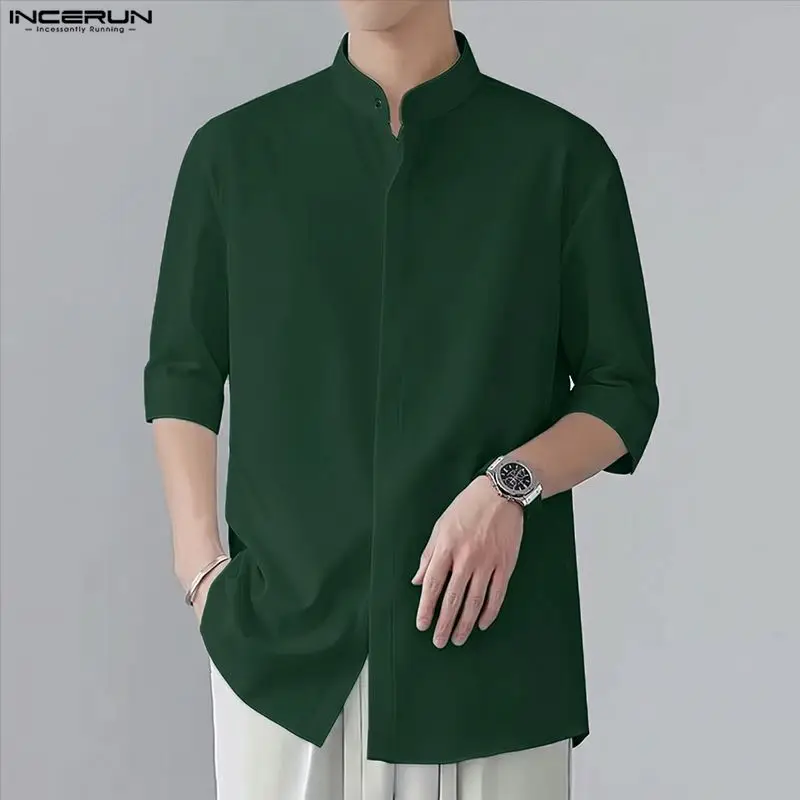 Men's Shirt Solid Color Stand Collar Half Sleeve Loose Casual Men Clothes Streetwear Korean Style Fashion Tops For Man INCERUN