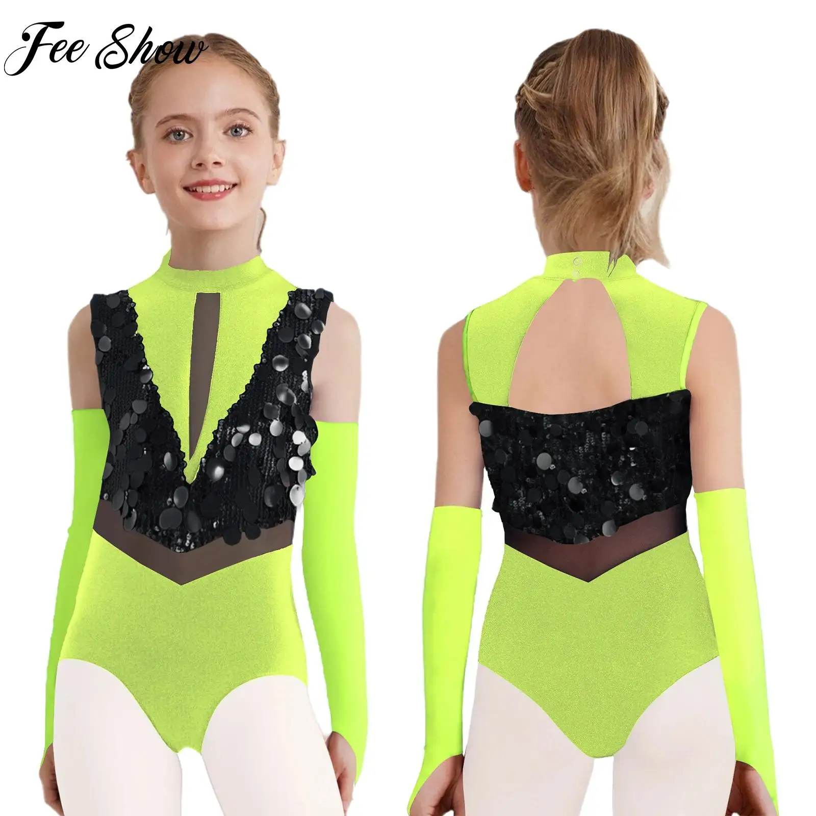Girls Shiny Sequins Jazz Latin Dance Leotard Gymnastics Performance Outfit Sleeveless Leotard with Gloves Ballerina Dancewear