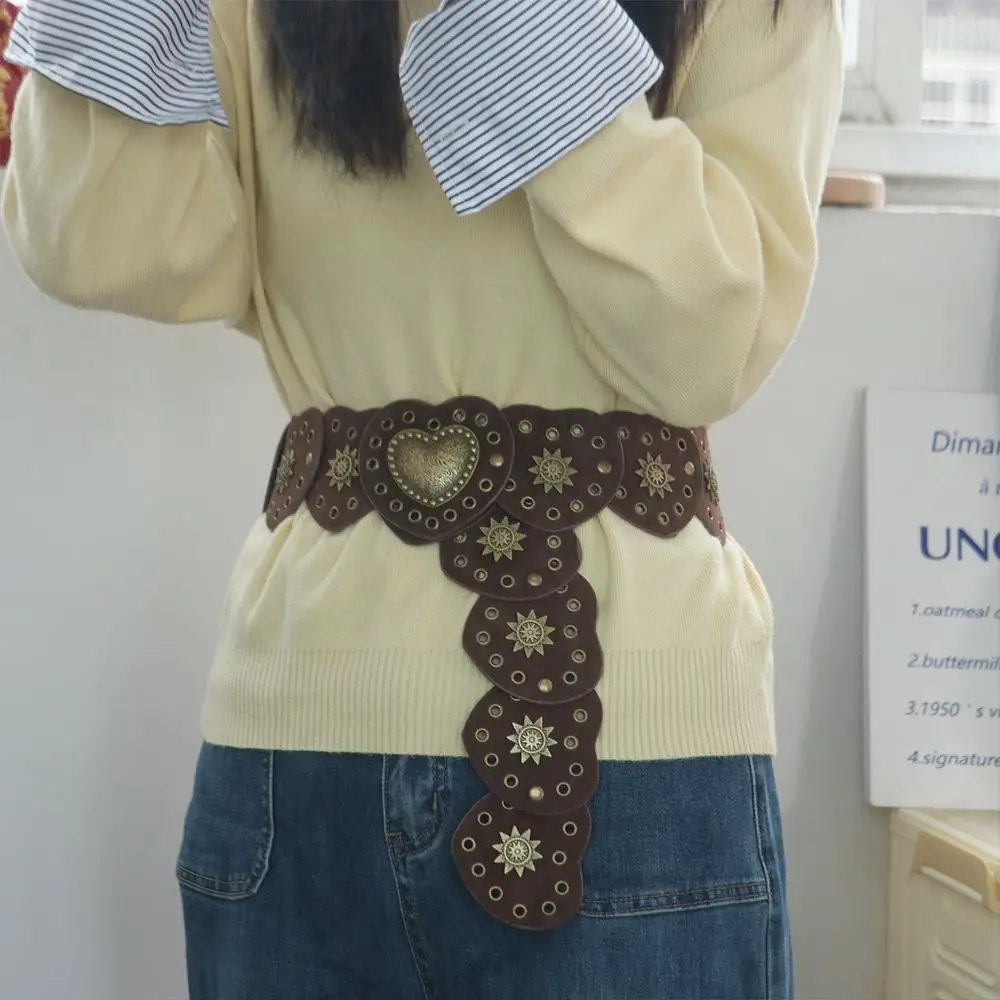 

Коричневый ремень Y2k, аксессуары на талию, металлические сердечки любви, богемный стиль, ретро, поясной ремень из искусственной кожи