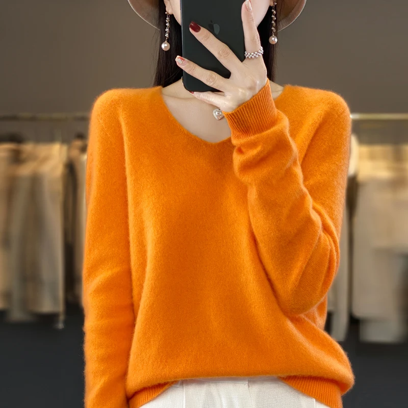 

2025 100% Merino Pure Wool V-neck Autumn And Winter Pullover Sweater New Cashmere Sweater Women's Casual Knitted Top