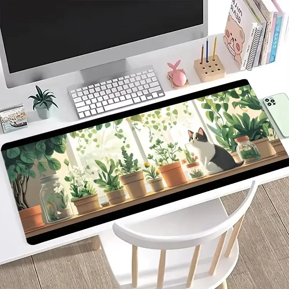 Cute Black Cat Green Plant Window Large Gaming Desk Mat Non Slip Rubber Mousepad For PC Keyboard Home Office Table Decor