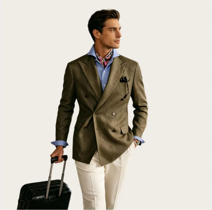 Men's Suit Linen Blazer Vintage Double Breasted Slim Fit Peak Lapel Breathable Lightweight Summer Formal Jacket Business Casual
