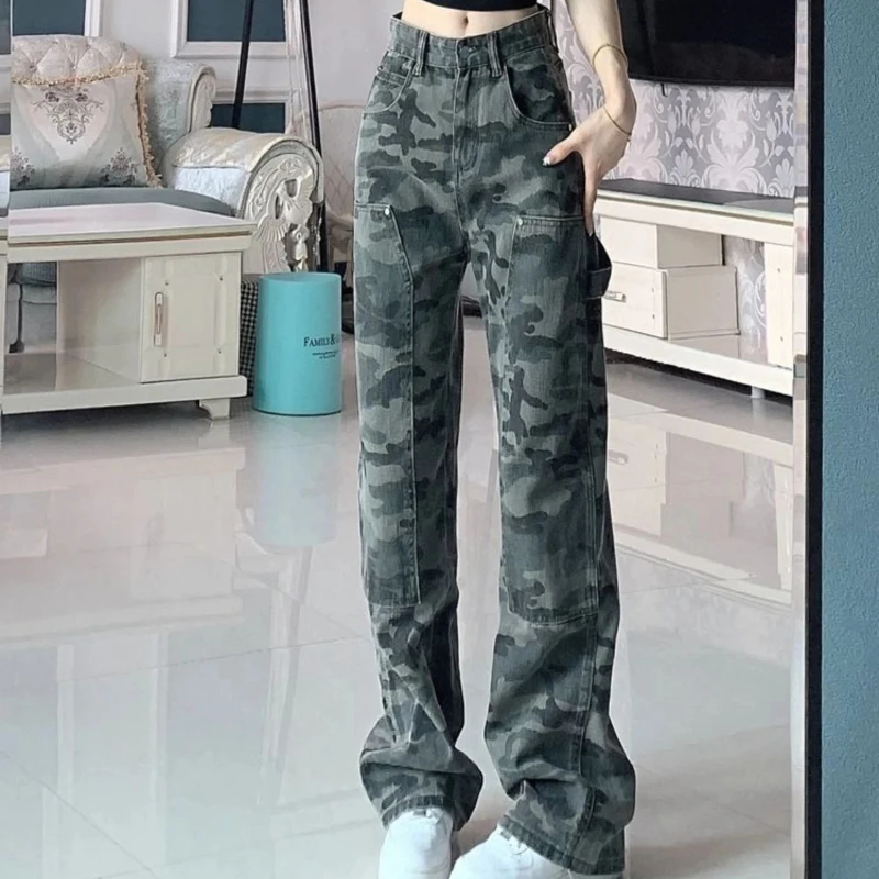 Womens Jeans Retro High Waist Shot Trousers Camouflage Denim Pants for Women Xxl Teenagers Stretched Fashion Casual Shiny Unique