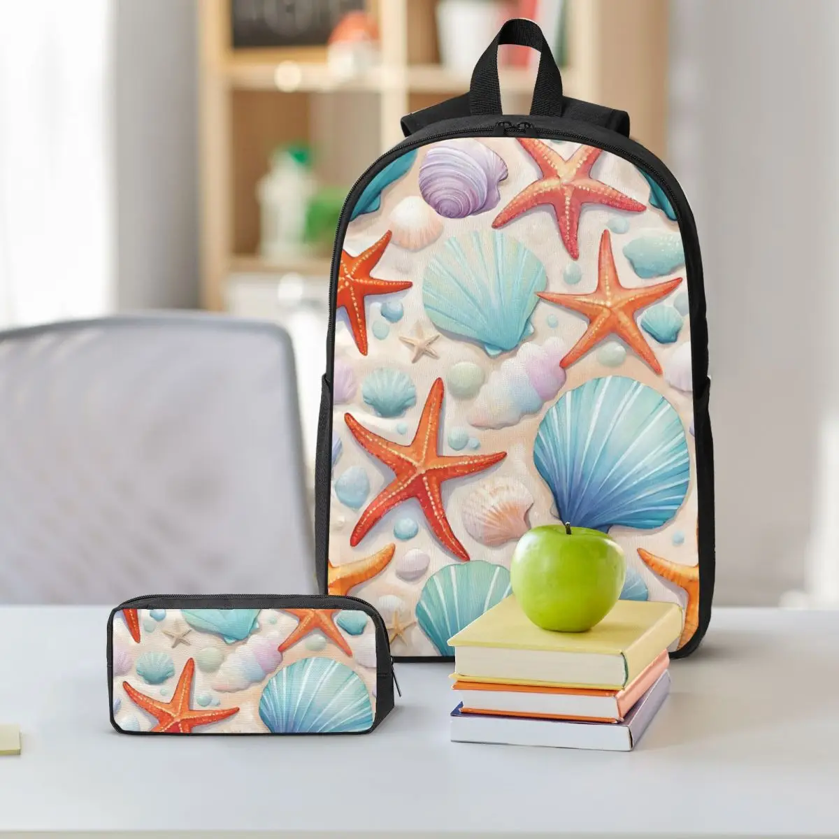 Colorful Watercolor Shell Pattern Backpack Boys Girls BookBag School Bag Shoulder Bags 3ps Insulated Lunch Bag Pencil Case