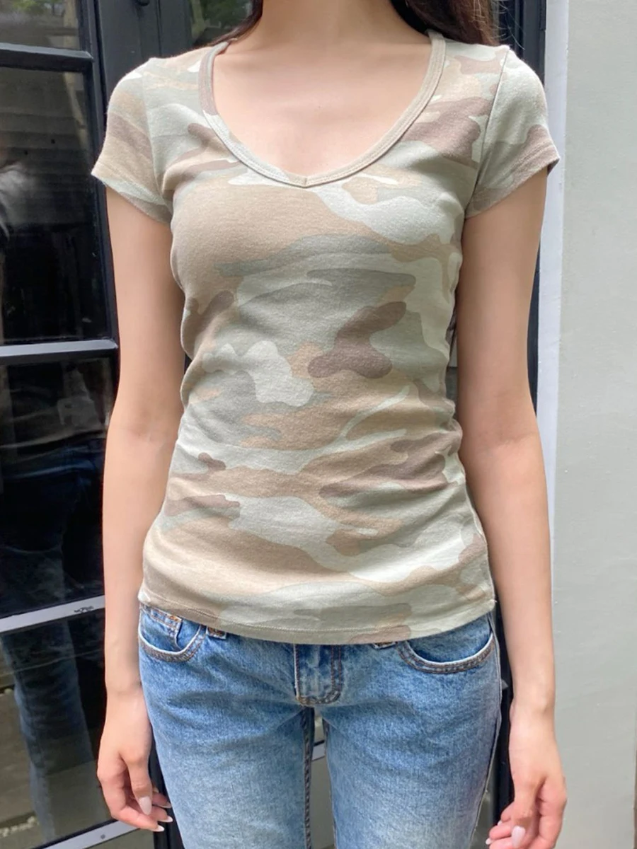 

Camouflage Slim T-shirt Woman Summer V-neck Short Sleeve Tee Shirts Female Casual Vintage Streetwear Cotton Tshirts Y2k Tops New