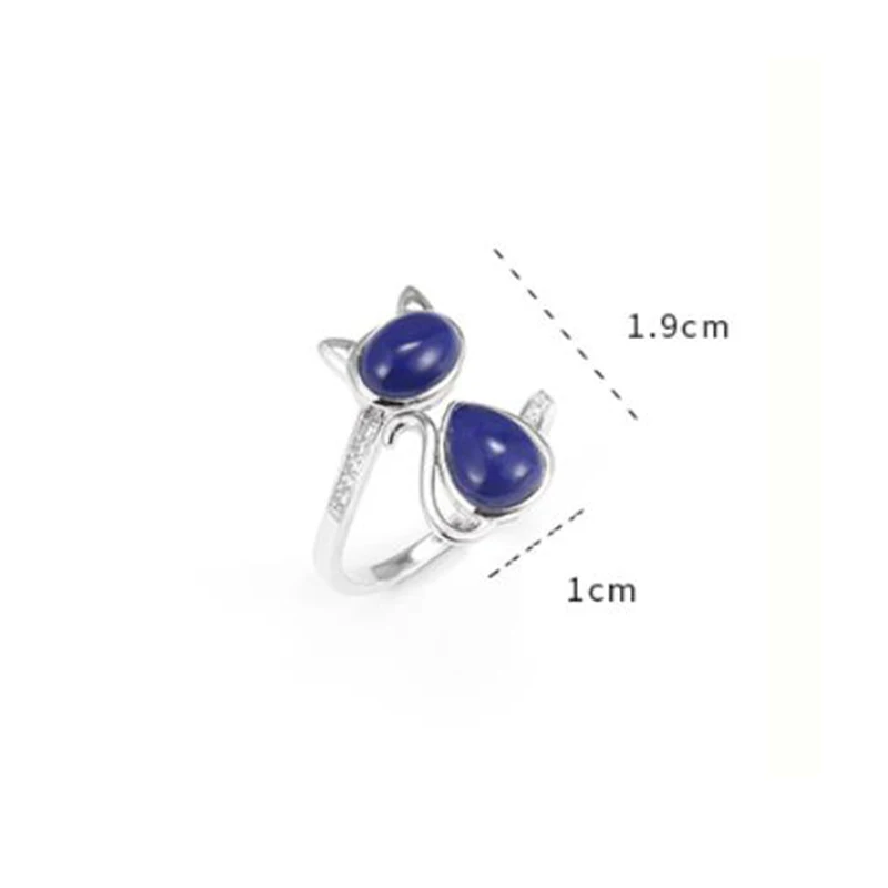 Trumium 100% S925 Sterling Silver Cat Open Rings for Women Girl Gift Sterling Silver Lapis Lazuli Stone Ring Fine Jewelry
