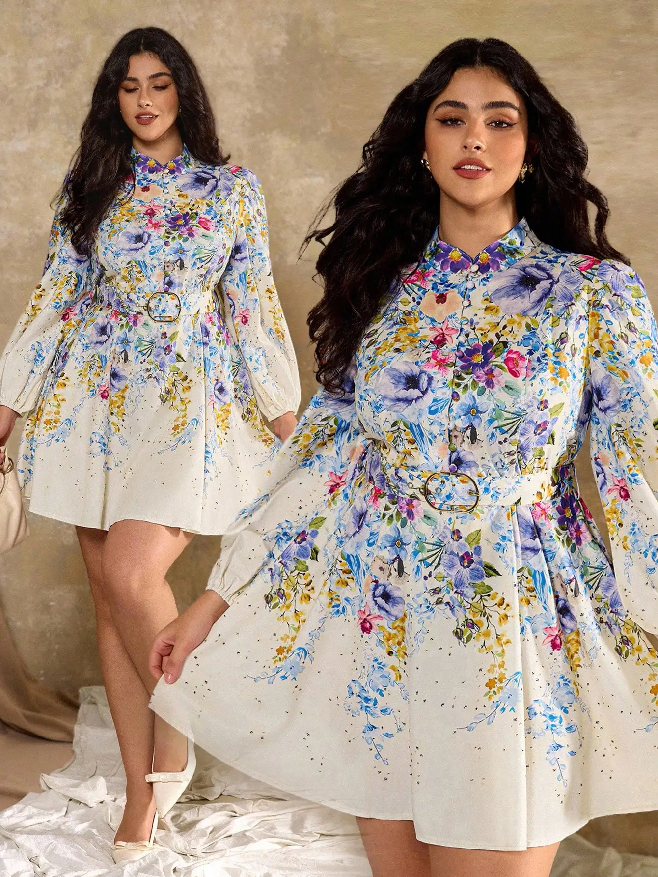 

Элегантное женское платье А-силуэта с цветочным принтом, воротником-стойкой и рукавами-фонариками