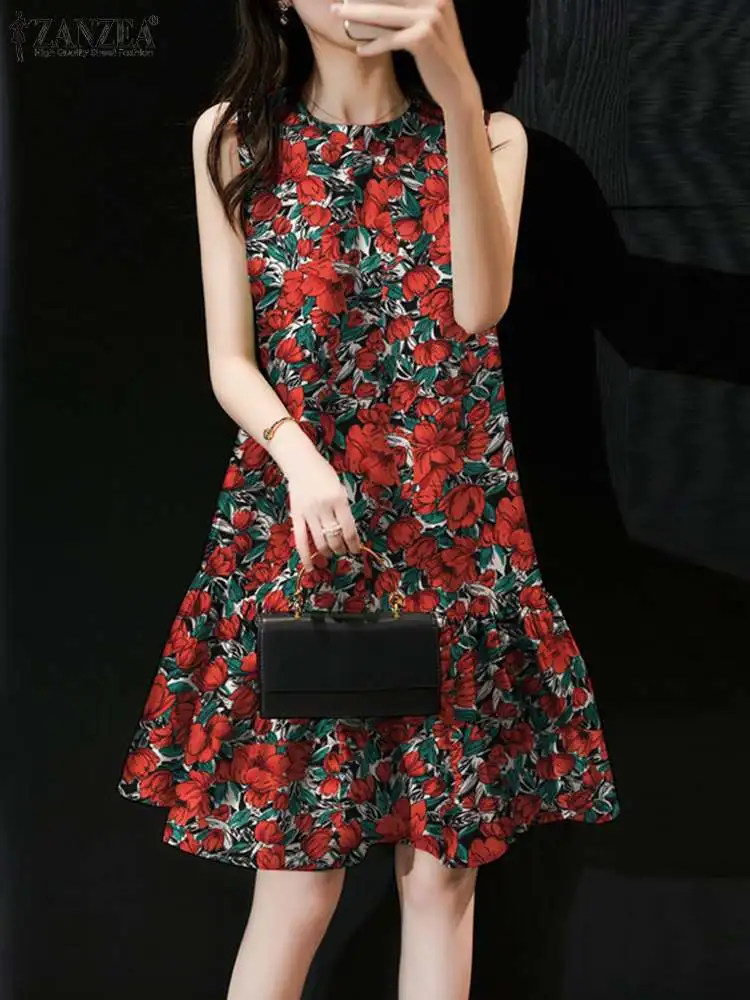 

ZANZEA Woman Casual Floral Printed Dress O-Neck Sleeveless Tank Tops Fashion Holiday Sundress Summer Elegant Beach Vestidos 2024