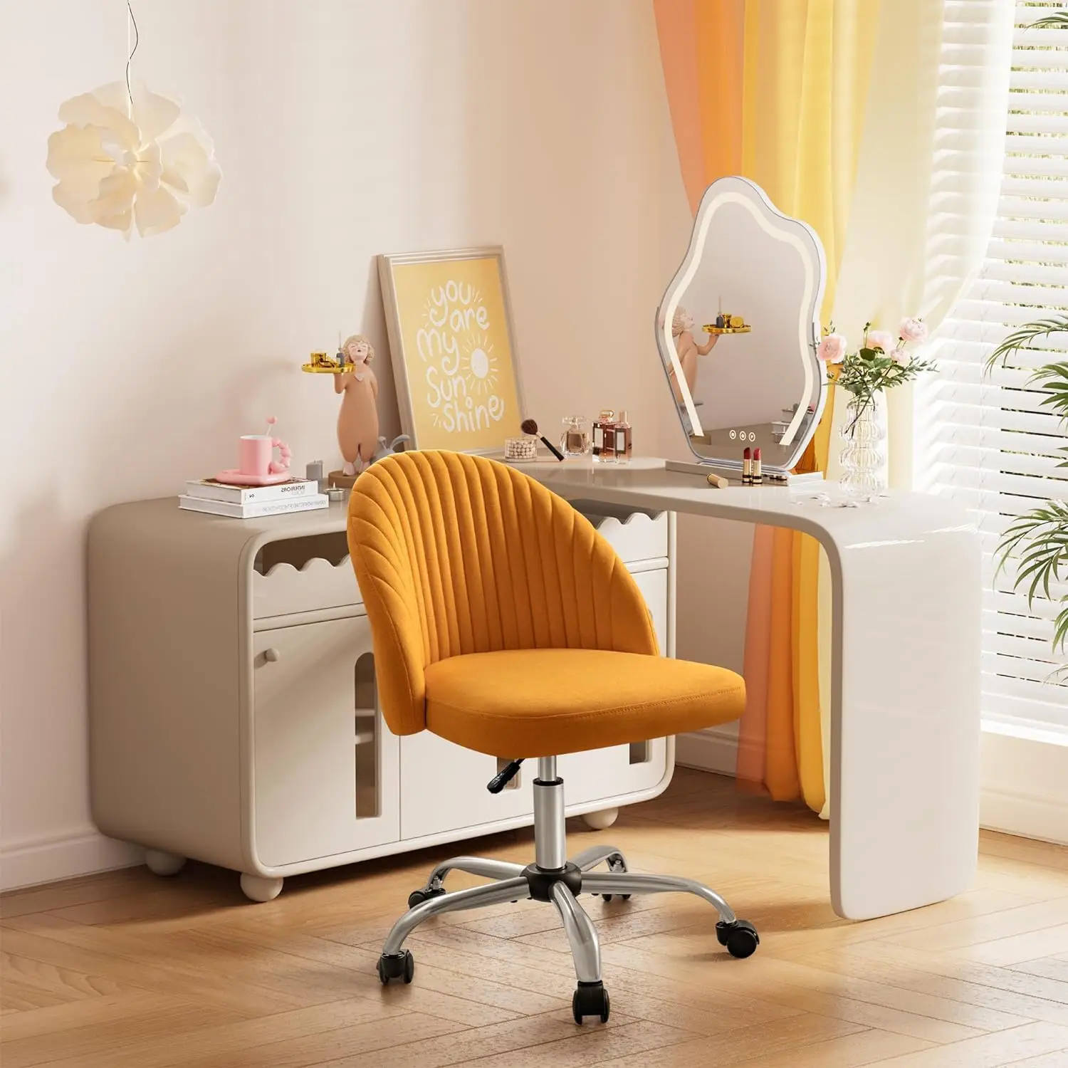 Office chair without armrests, cute office chair, modern adjustable rotating pad, fabric dressing table, task computer chair