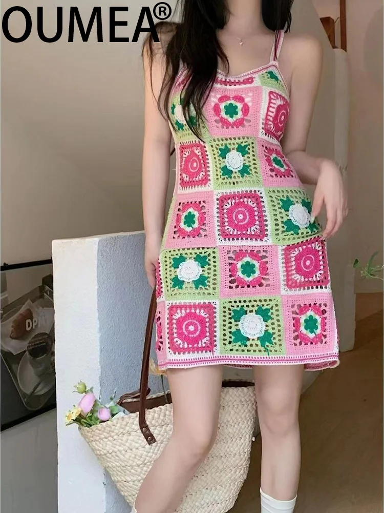 OUMEA Women Cotton Crochet Color Block Dress Summer Casual Beach Dress Korean Style Sleeveless Cute Dress Multi Color