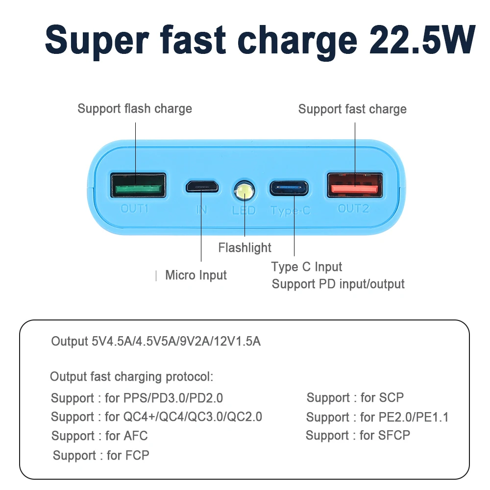 DIY Shell USB Type C Super Fast Charging Power Bank Case 4*18650 Detachable Battery Charger 22.5W LED Display